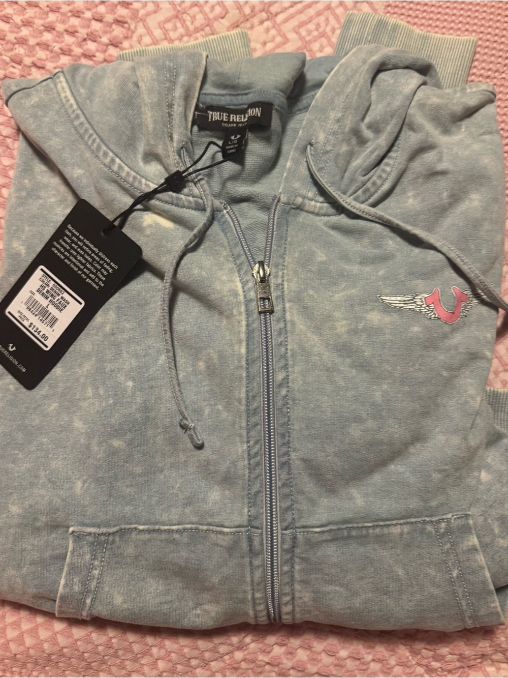 True Religion Horseshoe Wing Faux Denim Crop Hoodie Size L NWT